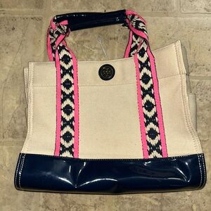 Tory Burch Cream and Pink Tote Bag with Navy Blue